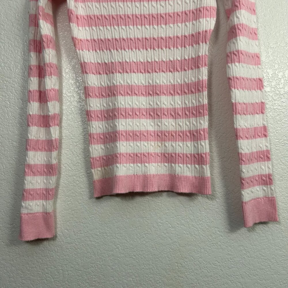 Marled Striped Cable Knit Fitted Sweater Preppy Tennis Academia - Picture 3 of 4